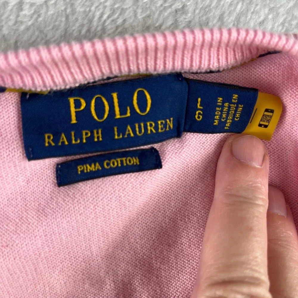 Polo Ralph Lauren Pink Pima Cotton V-Neck Sweater Mens Large Navy Pony Logo